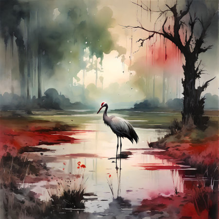 Watercolor illustration of a stork on a lake in the forestの写真素材