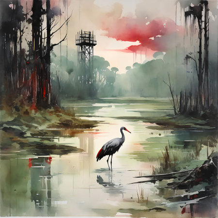 Watercolor painting of a stork in the swamp at sunset.の写真素材