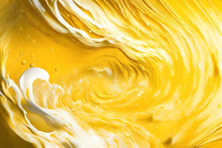 abstract yellow background with some splashes of milk and some foamの写真素材