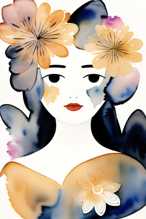Beautiful asian woman with flowers in her hair. Watercolor painting.の写真素材