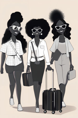 Group of young african american women with luggage. Vector illustration.の写真素材