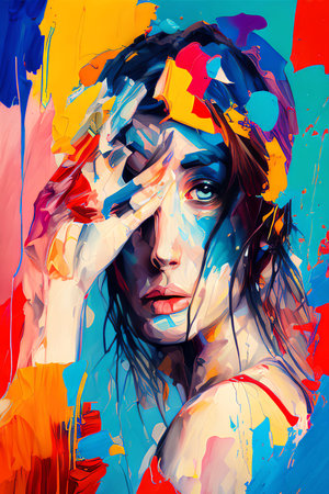 Beautiful young woman with creative make-up. Art collage.の写真素材