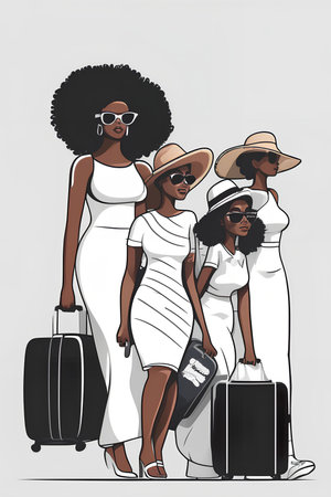 Vector illustration of a group of young black women with suitcases.の写真素材