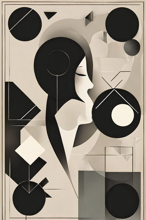 3d illustration. Stylish portrait of a beautiful woman with abstract shapes. Contemporary art collage.の写真素材