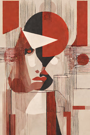 Contemporary art collage of portrait of a beautiful woman combined with abstract geometric shapesの写真素材