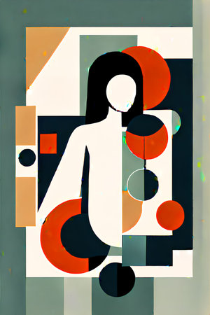 Abstract composition with woman silhouette and geometric shapes. Contemporary art collage.の写真素材