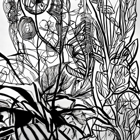 abstract black and white background with hand-drawing branches and leavesの写真素材