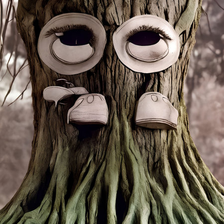 A pair of shoes in the trunk of a tree with eyes.の写真素材