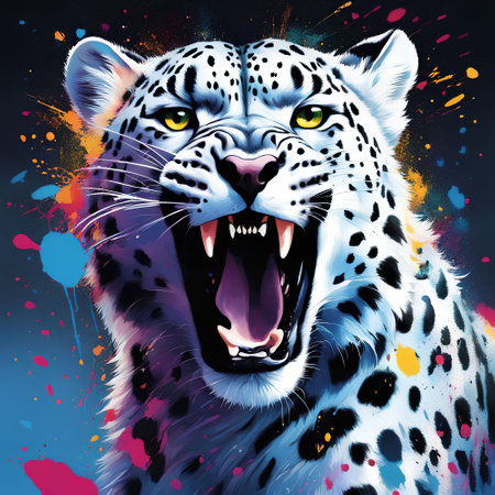 illustration of a leopard with colorful ink splashes on a black backgroundの写真素材
