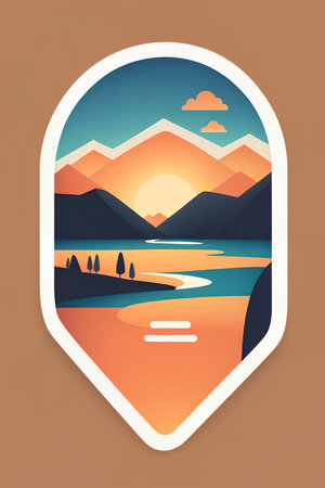 Landscape with mountains and lake. Vector illustration in flat style.の写真素材