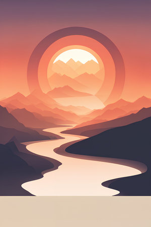 Landscape of mountains and river at sunset. Vector illustration in retro styleの写真素材