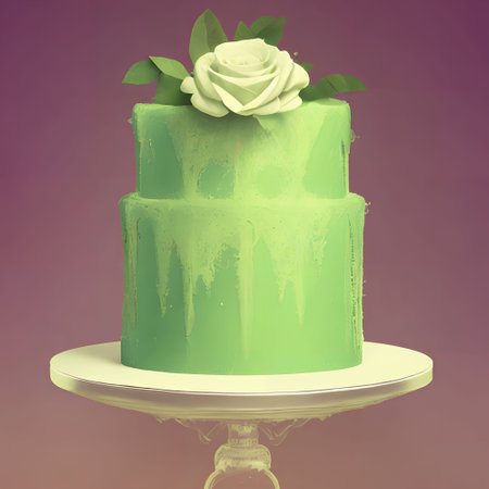 Green cake with a white rose on top. 3D illustration.の写真素材