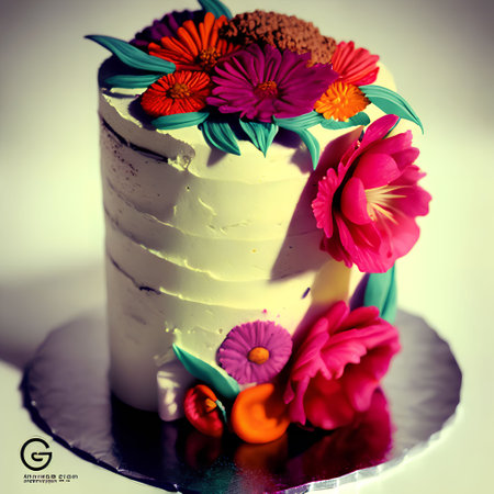 Beautiful wedding cake with flowers. Photo in old color image style.