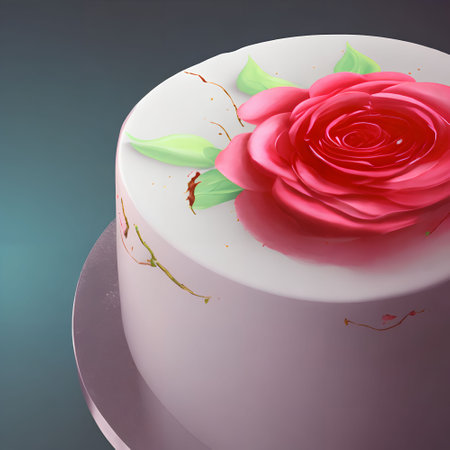 Cake with red rose on top. 3d render illustration.