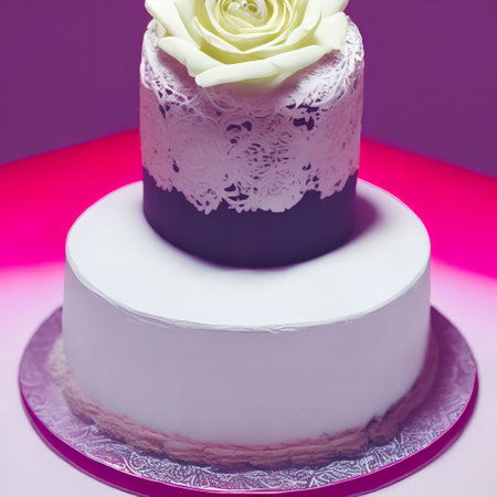 wedding cake with a white rose on a purple and pink background