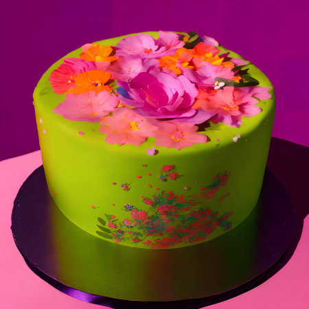Birthday cake with flowers on a pink and purple background. Copy space.