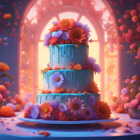 3D render of a blue wedding cake with flowers in the backgroundの写真素材