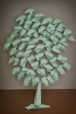 Origami tree made of green origami paper, 3d render