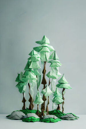 Origami Christmas tree made of origami paper on white background.の写真素材