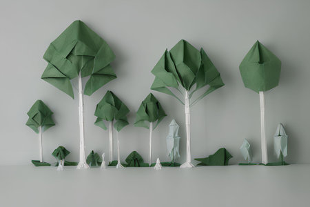 Paper origami trees on grey background. Eco concept. 3D Renderingの写真素材