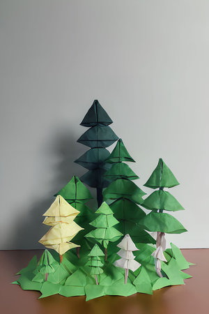 Paper origami Christmas tree on gray background. 3d render.
