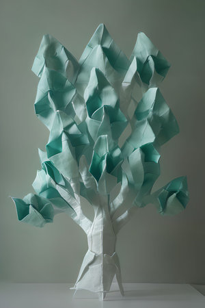 Paper origami tree. Green origami tree on gray background.の写真素材