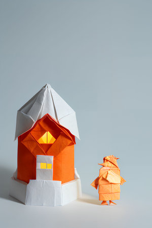 Paper origami house with red roof and orange origami angel.の写真素材