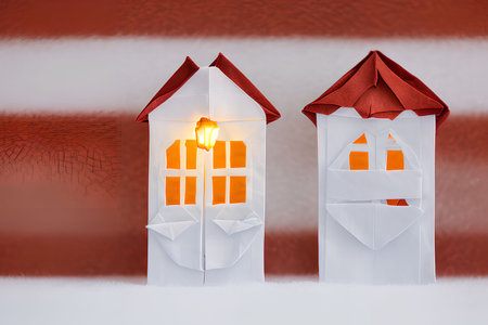 Two paper houses with a burning candle on a red and white backgroundの写真素材