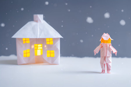 Paper origami man and house on snow background. Christmas concept.の写真素材