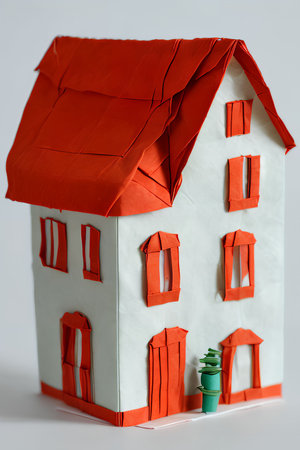 Paper house with red roof on white background, close-up.の写真素材