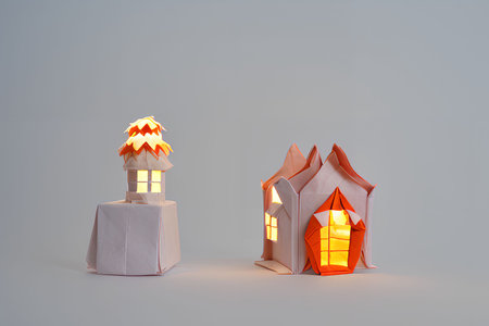 3d rendering of a house made of paper with a burning candle insideの写真素材