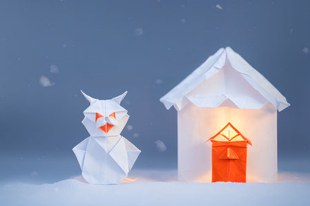 Paper origami cat and house on the snow. Christmas and New Year concept.の写真素材
