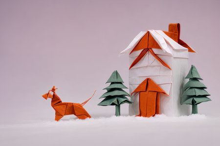 Paper origami dog and house on the snow. Christmas concept.の写真素材