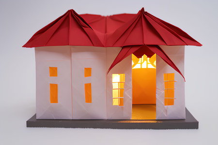 Paper house with red roof on a white background. Studio shot.の写真素材
