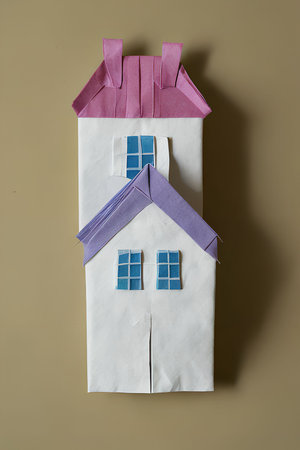 Paper house with purple ribbon on a brown background. Copy space.の写真素材