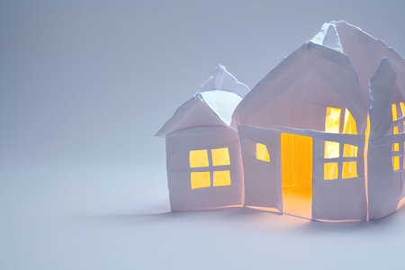 Paper house with light on a blue background. 3d rendering.の写真素材