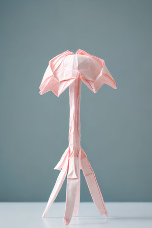 Pink origami umbrella on gray background. Minimal creative concept.の写真素材
