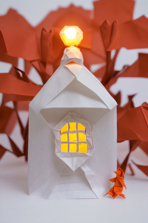 Paper origami house with a light bulb on a white background.の写真素材