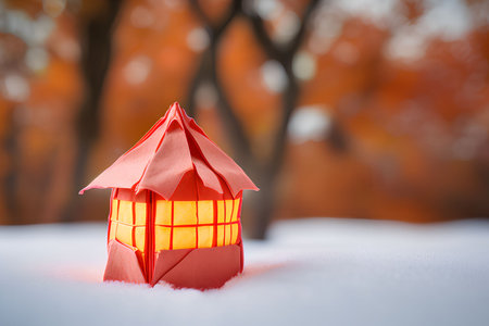 Red paper lantern in the snow. Christmas and New Year concept.の写真素材