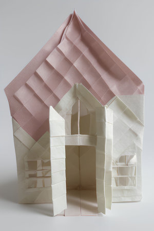 Paper origami house with pink and white pattern on gray background.の写真素材