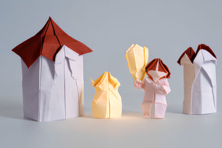 Paper origami boats on a gray background. Teamwork concept.の写真素材