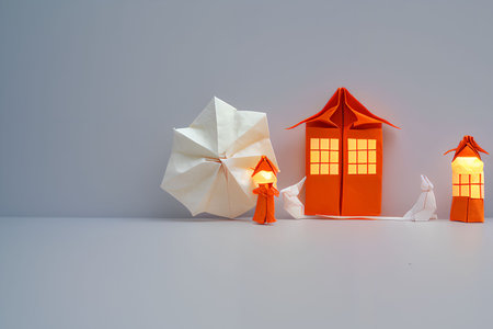 Paper origami house and red paper lantern on white background with copy spaceの写真素材