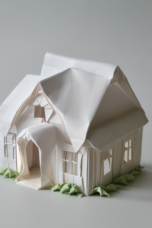 Paper house made of origami paper on a white background. Close-up.の写真素材