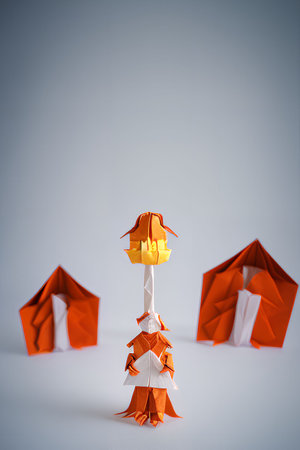 Paper origami christmas tree with orange and white origami.の写真素材
