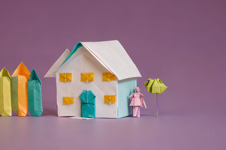 Paper house with colorful envelopes and origami girl on pink backgroundの写真素材