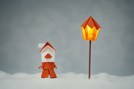 Paper origami house and lantern in the sky. 3d renderingの写真素材