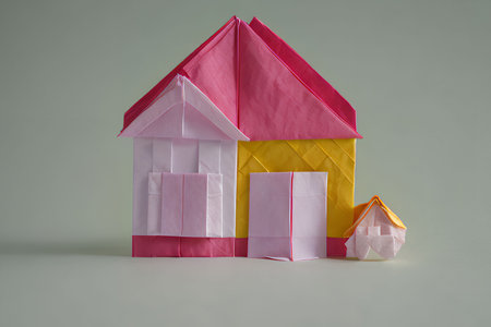 Paper house origami from recycled paper. Isolated on gray background.の写真素材