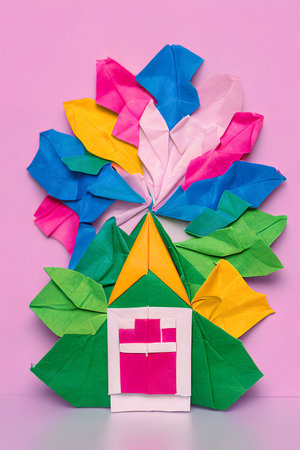Paper origami house and colorful origami birds on a pink backgroundの写真素材