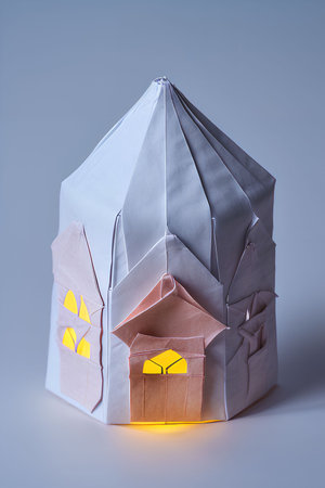 Paper origami house isolated on a gray background. Studio shot.の写真素材