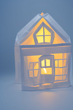 Paper house with yellow light on blue background. 3d illustration.の写真素材